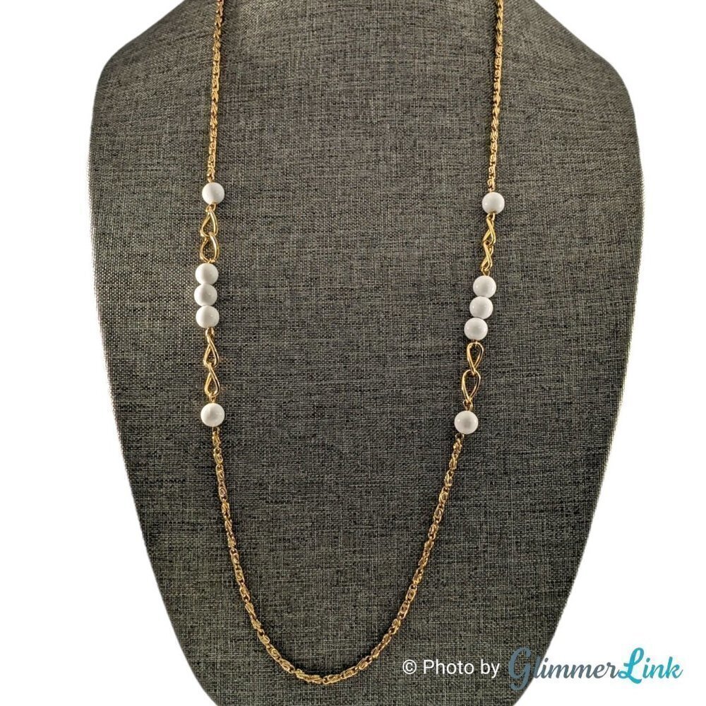 Vintage White Station Lucite Bead Scroll Link Gold Tone Chain Necklace